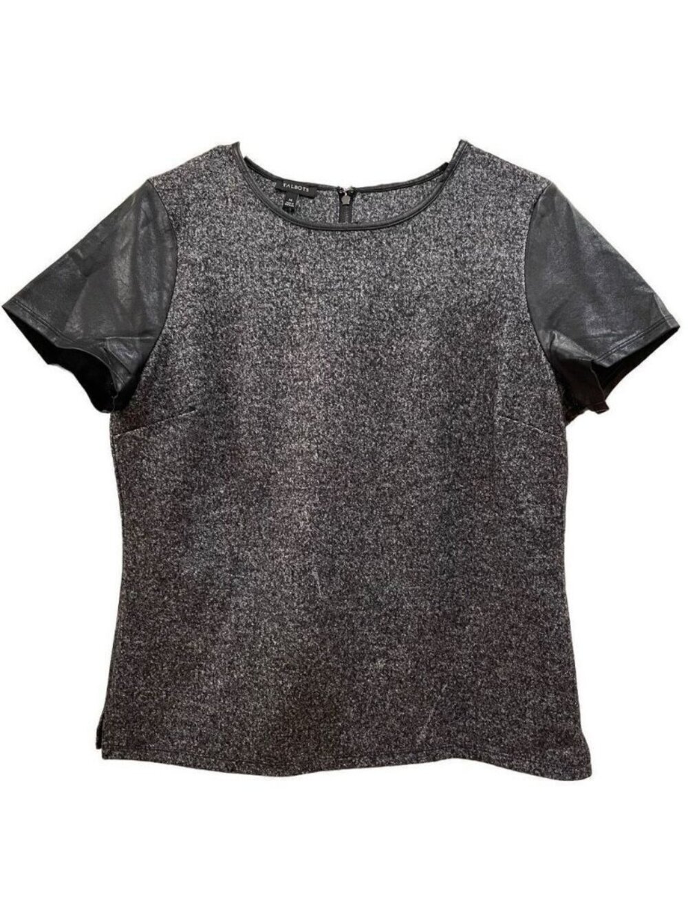 Talbots Blouse Womens M Wool Top Static Gray Black Faux Leather Sleeves Collar